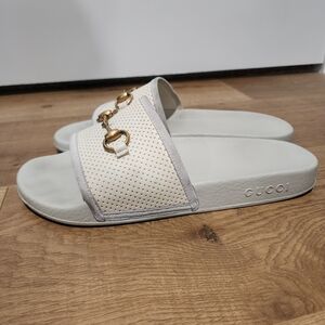Gucci White Leather Horsebit Slide Sandals